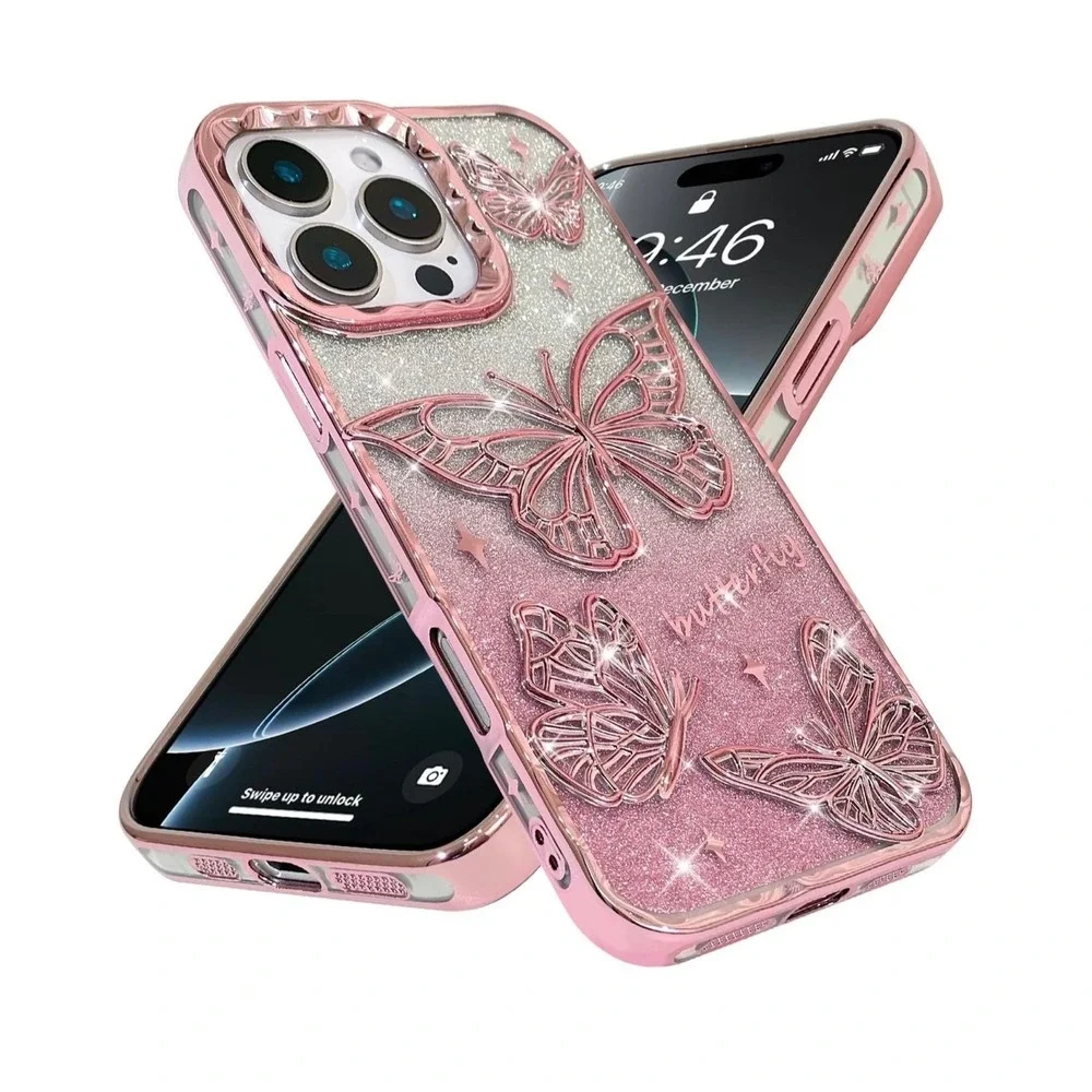 BITOBE iPhone 16 Pro Case 3D Butterfly Glitter Pink Slim Plating‎ Bumper Cover